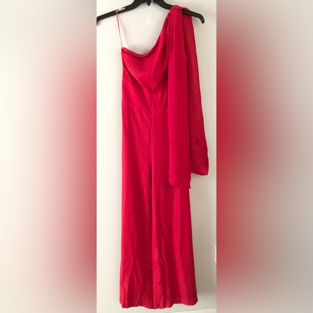 Maison Tara One-Shoulder Red Wide Leg Jumpsuit Draped Scarf Date Night Holiday